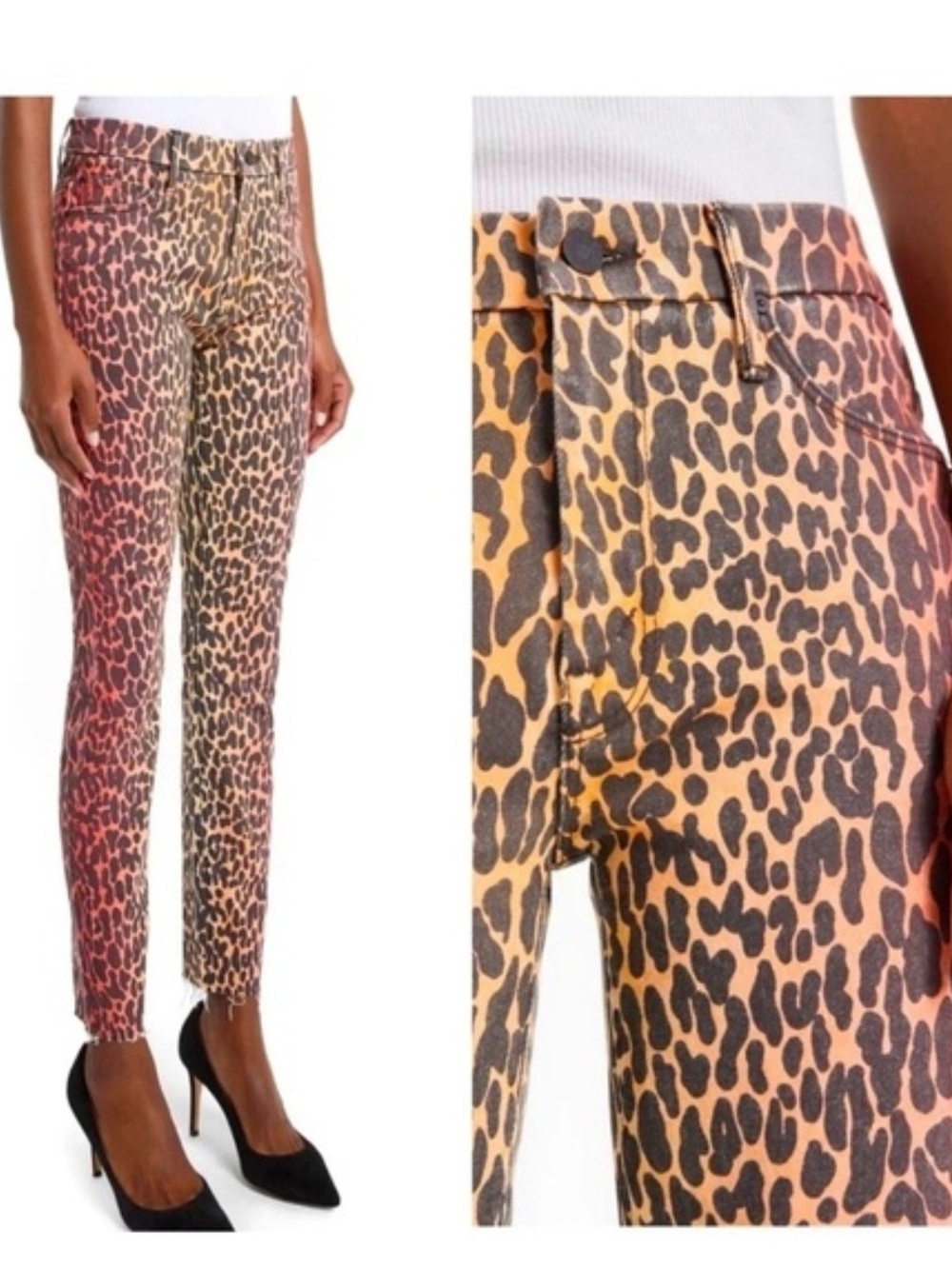 MOTHER NWOT Leopard Print Skinny Ankle Pants in Orange and Pink Ombre